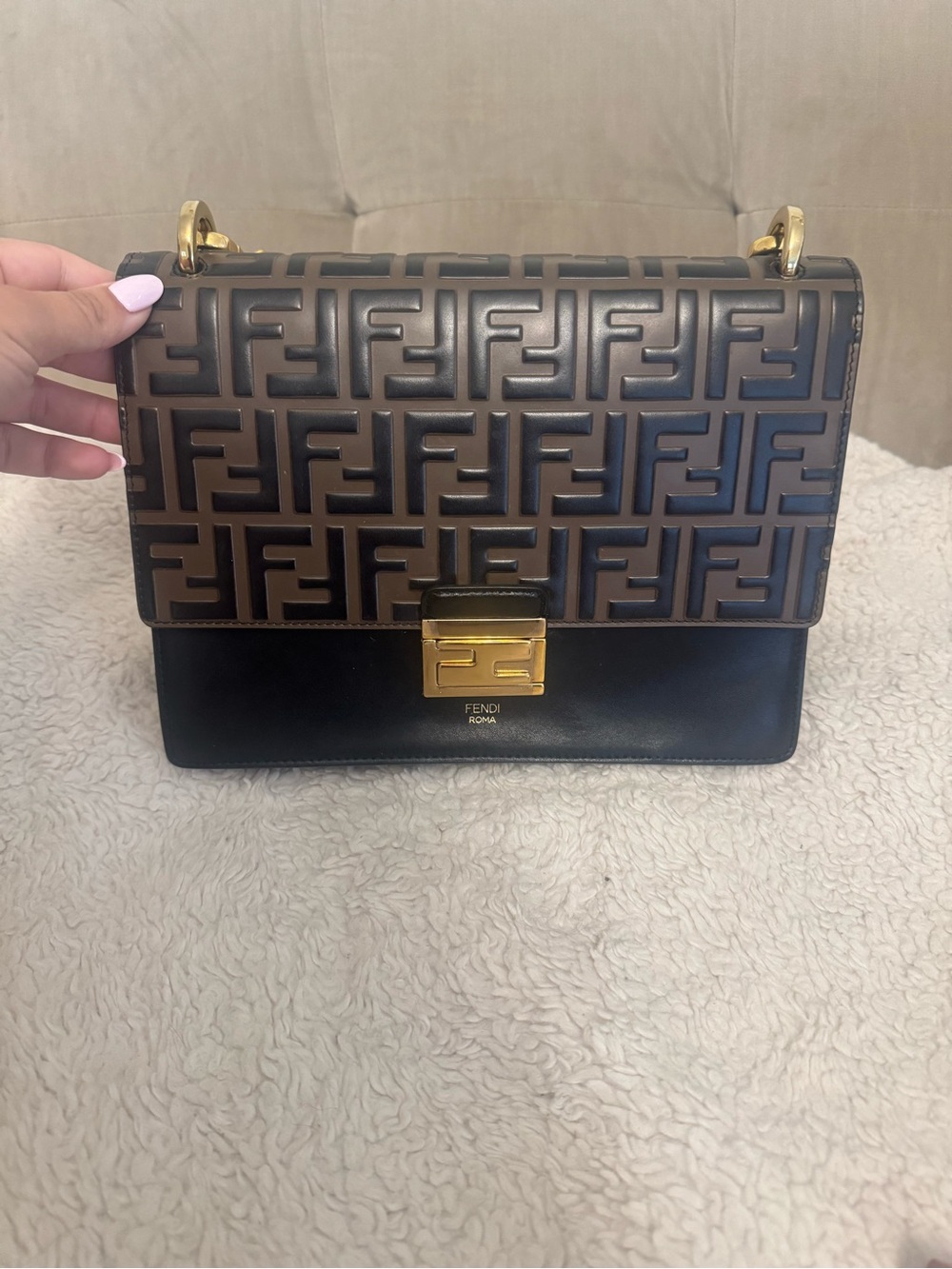 Fendi Black & Brown FF Logo Leather Shoulder Bag with Gold Hardware